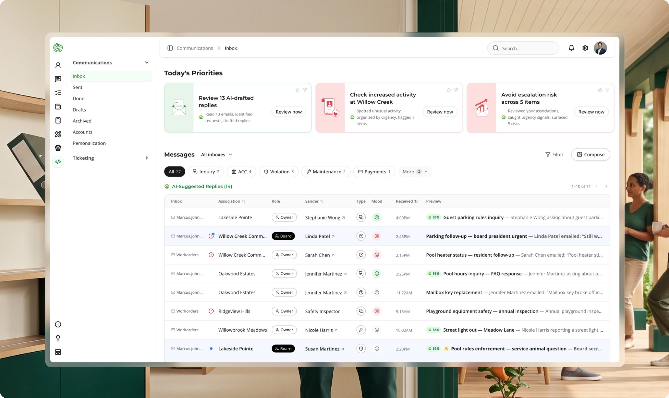 The CINC Communications inbox on a monitor in a leasing office: today’s priorities, an AI-suggested replies count, and a message list with association, sender and status columns.