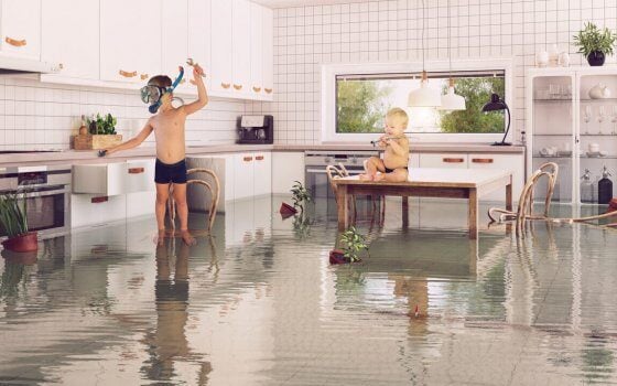 boys and flooding in the room. 3d and photo combination illustration