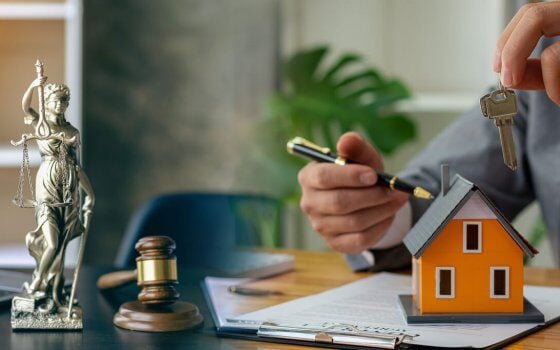 Judge holding wooden judge hammer against house background and businessman documents and house model on wooden table Real estate disputes and property auction concept