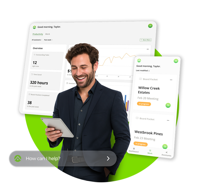 One CINC platform shown across desktop dashboard and mobile app, with a community manager reviewing tasks, time saved, and board packets