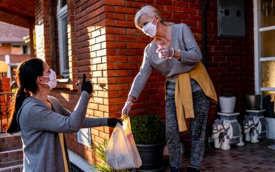 Female volunteer bringing groceries to a senior woman at home